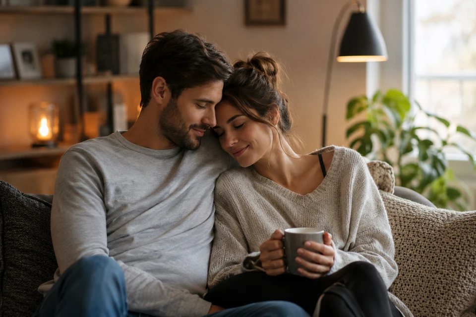 A couple sitting closely together with mugs in a quiet home.